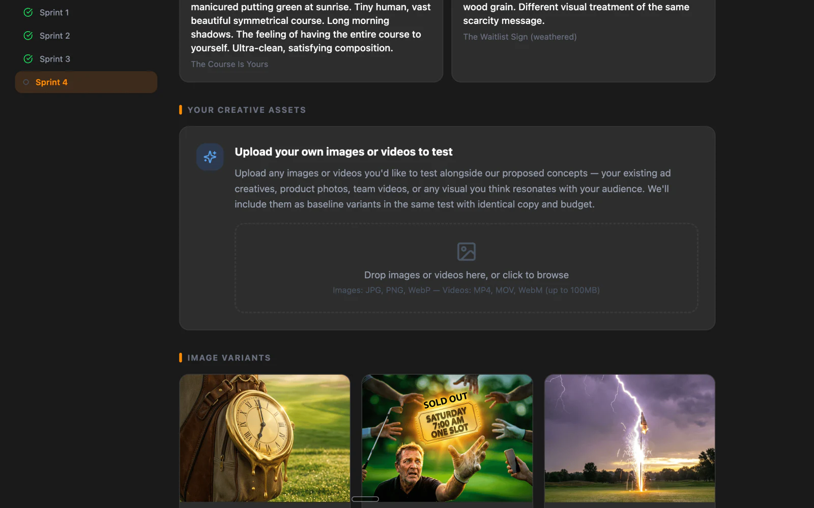 Sprint 4 image creative upload screen