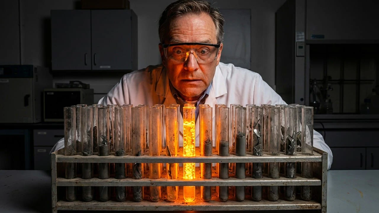 Lab Discovery ad image: a scientist peering at a glowing test tube