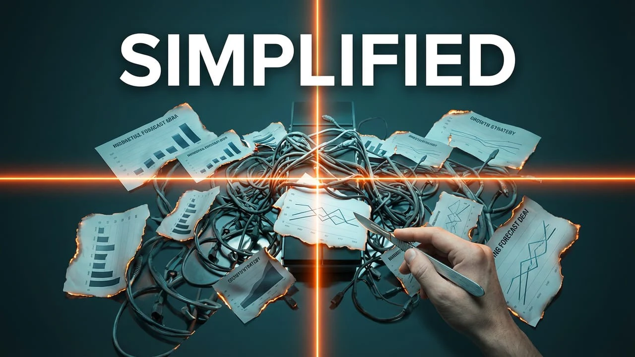 Simplified ad image: tangled cables with burned reports and a crosshair