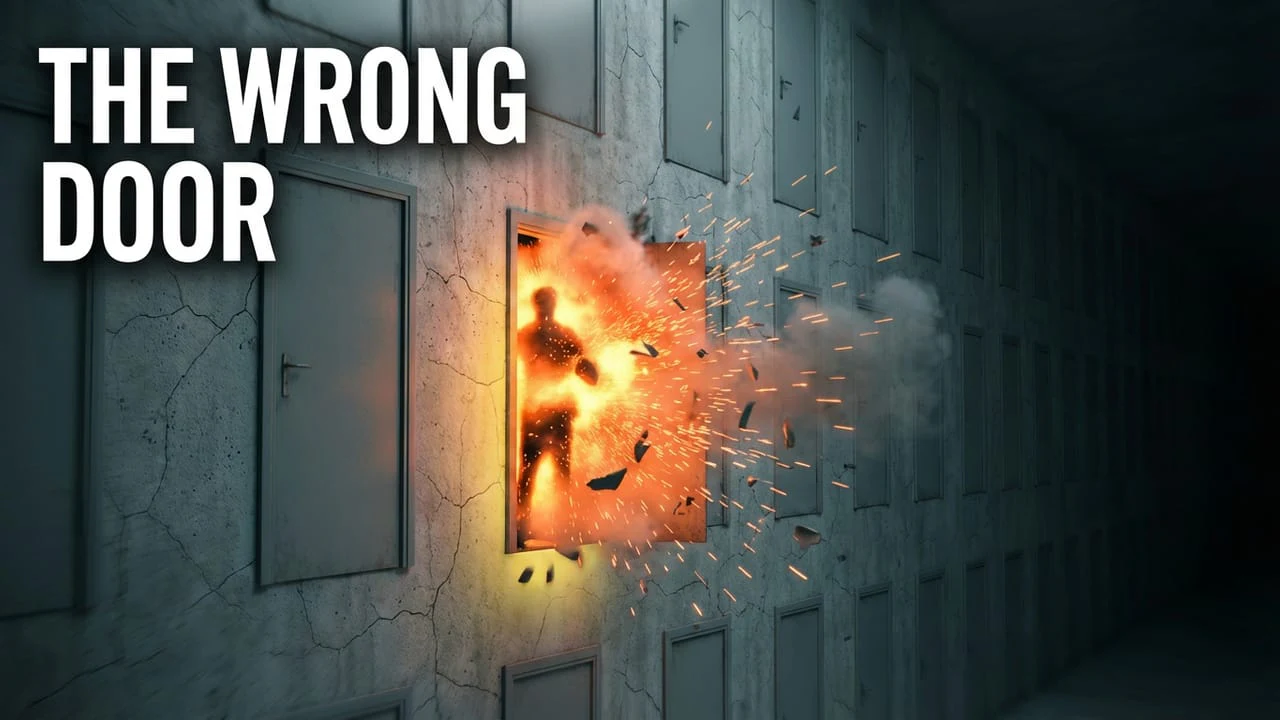 The Wrong Door ad image: an exploding doorway with a silhouette